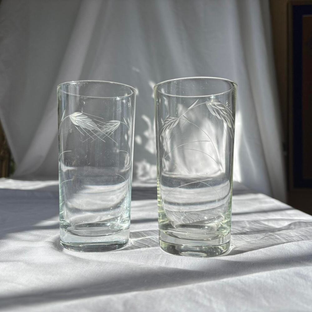 Vintage Set of Two Wheat Etched Drinking Glasses Retro Dinnerware Home Decor